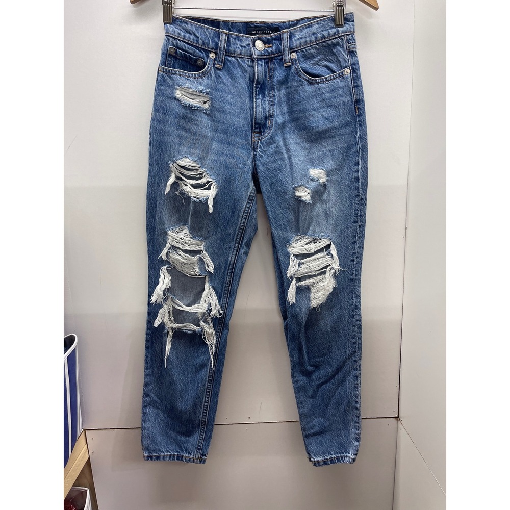Aeropostale Mom Jeans Womens 2 Medium Wash Distressed High Waisted 100% Cotton